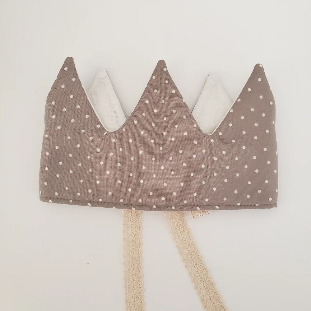 NEW Handmade Cotton Gray Polka Dot Fabric Baby Birthday Crown